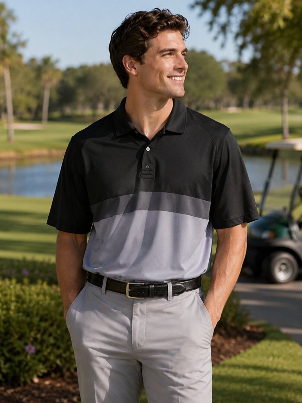 Cutter & Buck DryTec Men's Colorblock Performance Golf Polo Shirt Black Gray